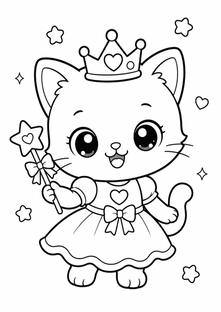 Kawaii kitten princess coloring page with crown and magic wand for kids