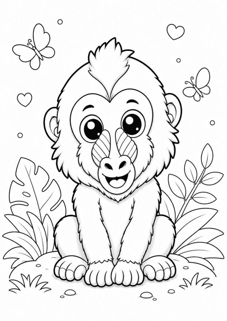 Kawaii mandrill coloring page for kids with cute jungle monkey