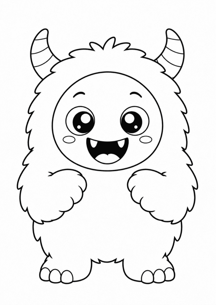 Kawaii monster coloring page with cute fluffy monster for kids