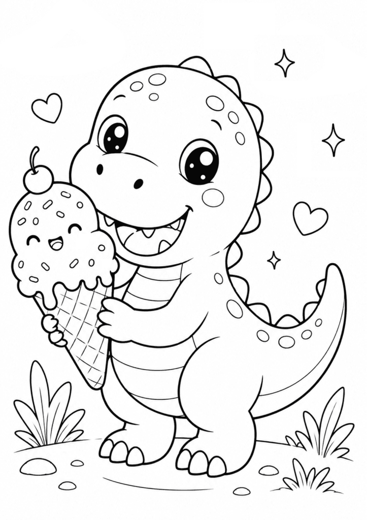 Kawaii T-Rex holding ice cream coloring page for kids