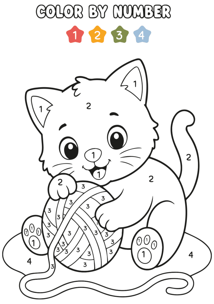 Kitten with yarn color by number worksheet for kids