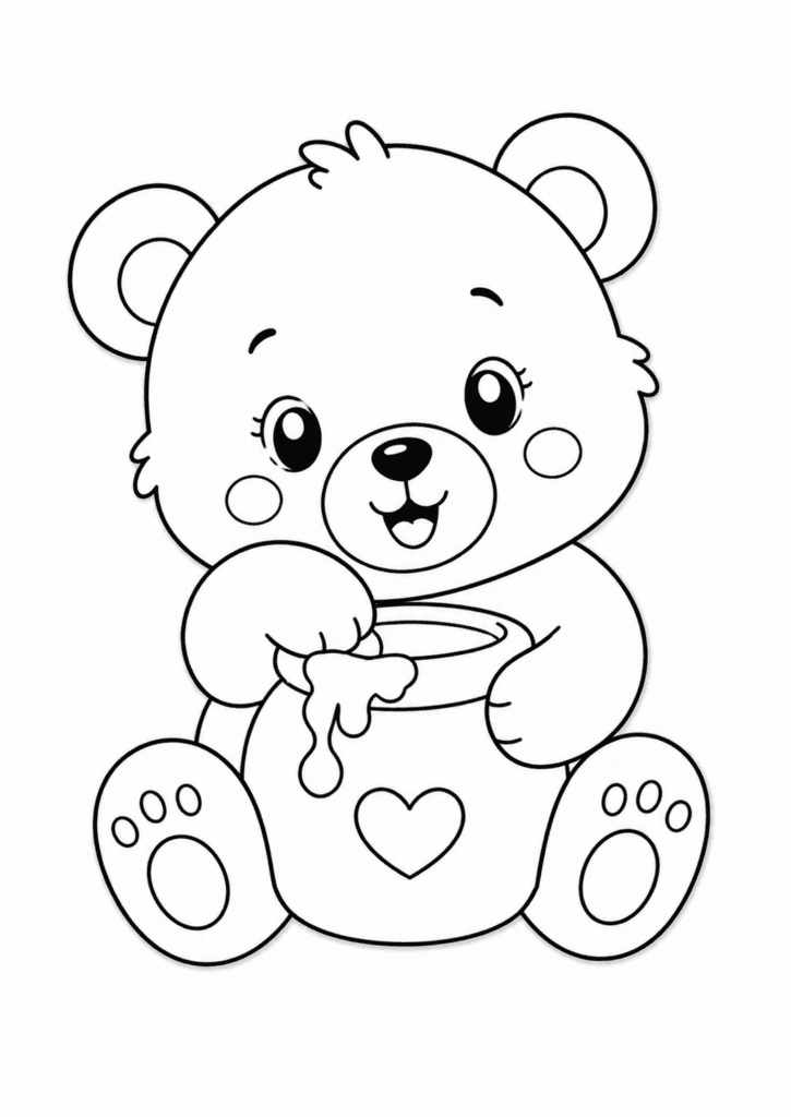 Cute little bear with honey pot coloring page for toddlers