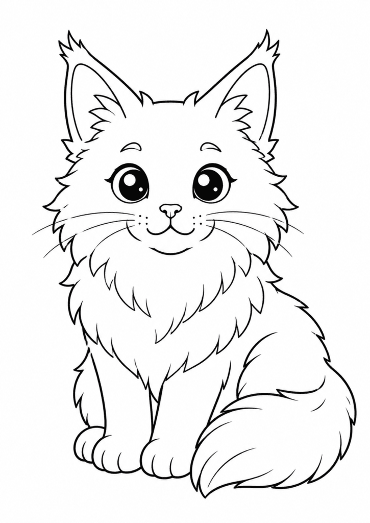 Cute Maine Coon cat coloring page for kids with fluffy kitten