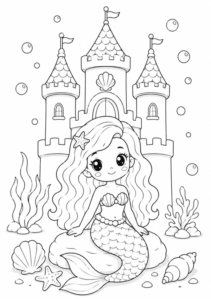 Cute mermaid in front of castle coloring page for kids
