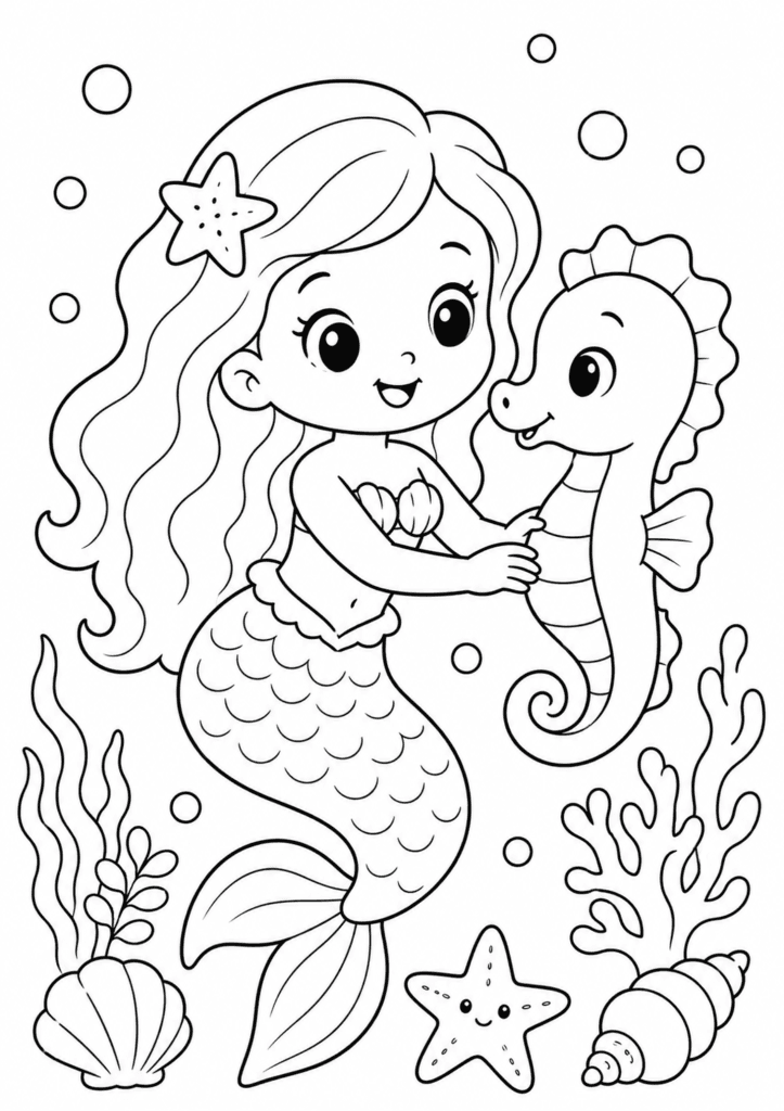 Cute mermaid with seahorse coloring page for kids
