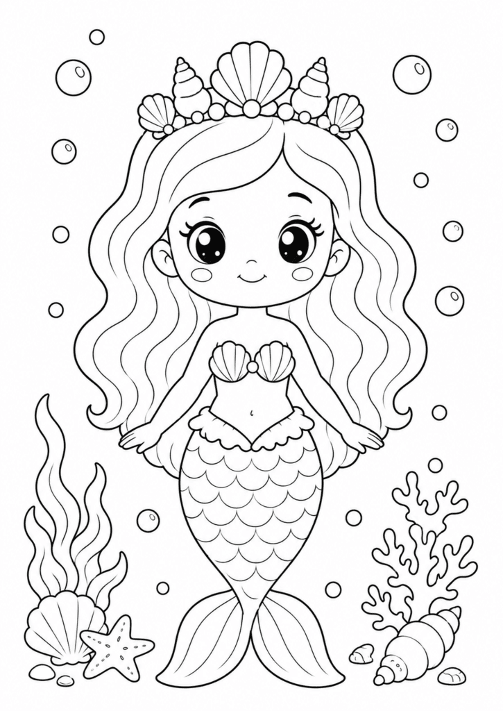 Cute mermaid with seashell crown coloring page for kids