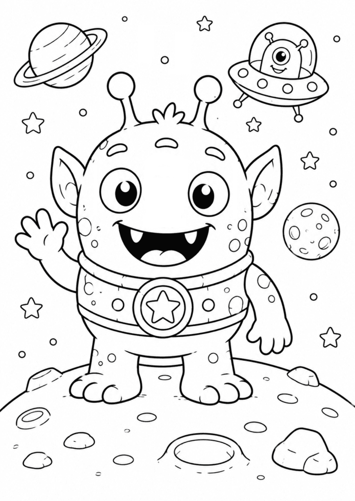 Cute monster alien coloring page with funny space alien for kids