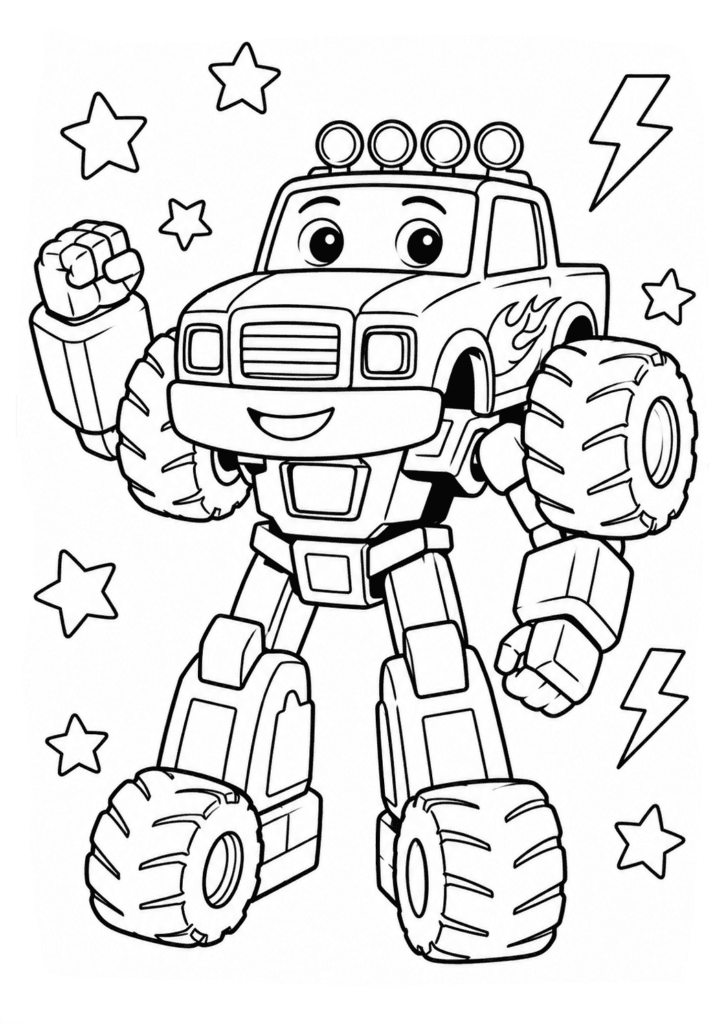 Monster truck robot coloring page with cute transformer truck robot