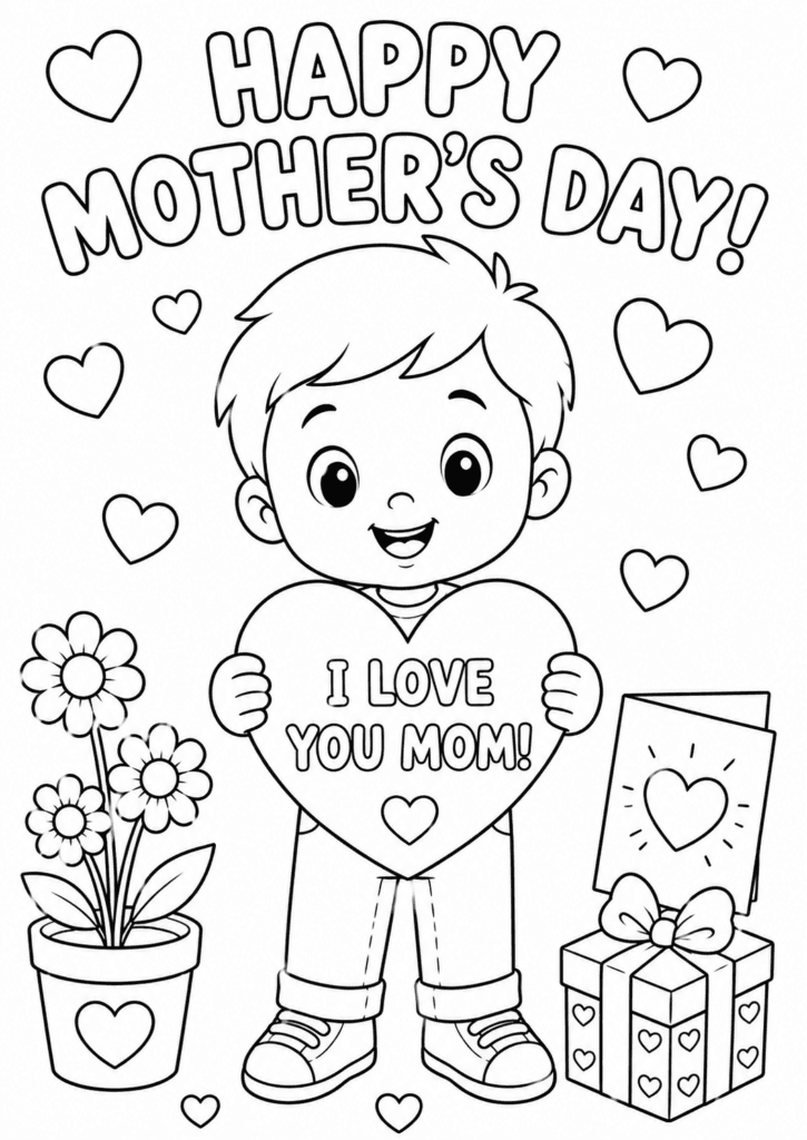 Mother’s Day coloring page with cute boy holding heart for mom