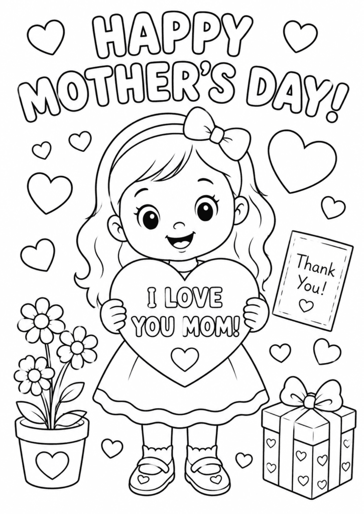 Mother’s Day coloring page with cute girl holding heart for mom