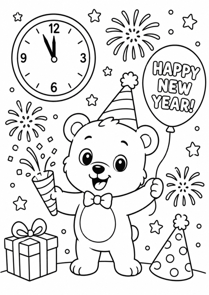 New Year coloring page printable with cute bear fireworks and balloon
