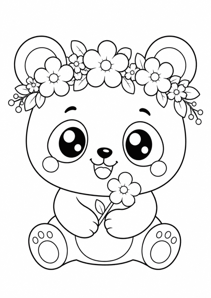 Cute chibi panda with flower crown coloring page for kids