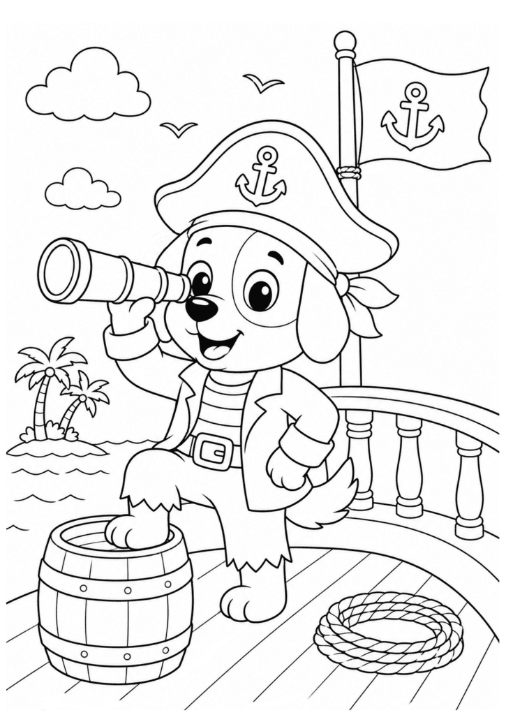 Cute pirate dog with spyglass coloring page for kids