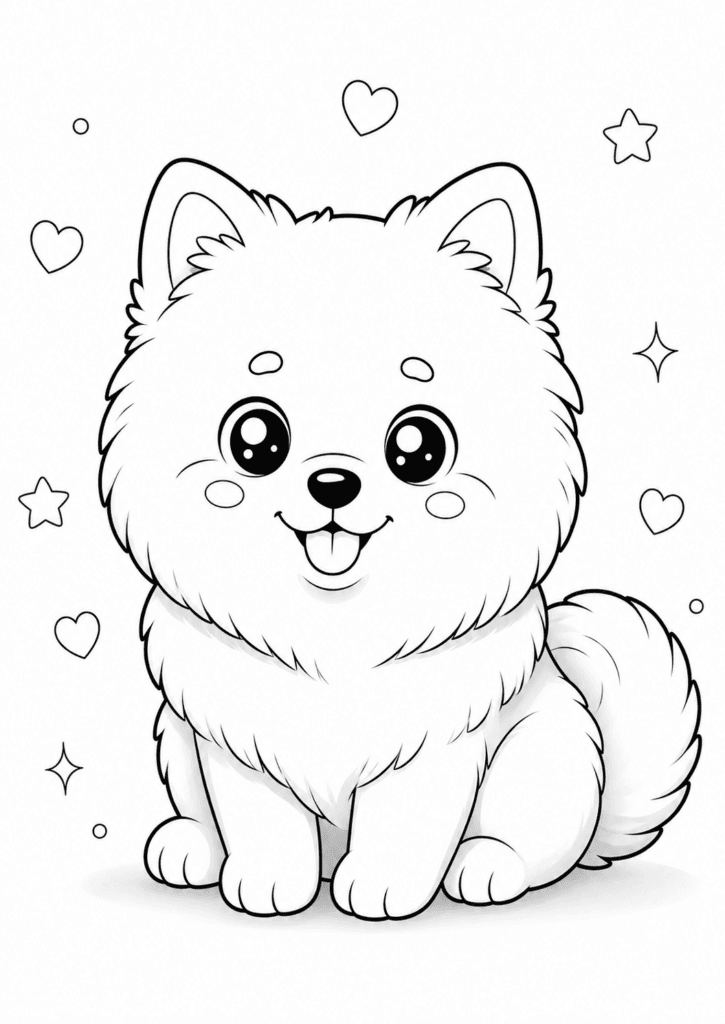 Cute Pomeranian puppy coloring page for kids with fluffy kawaii dog