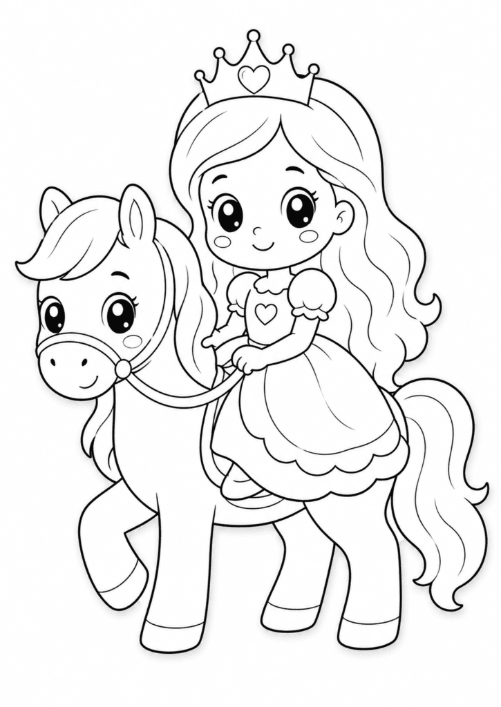princess riding pony coloring page for kids
