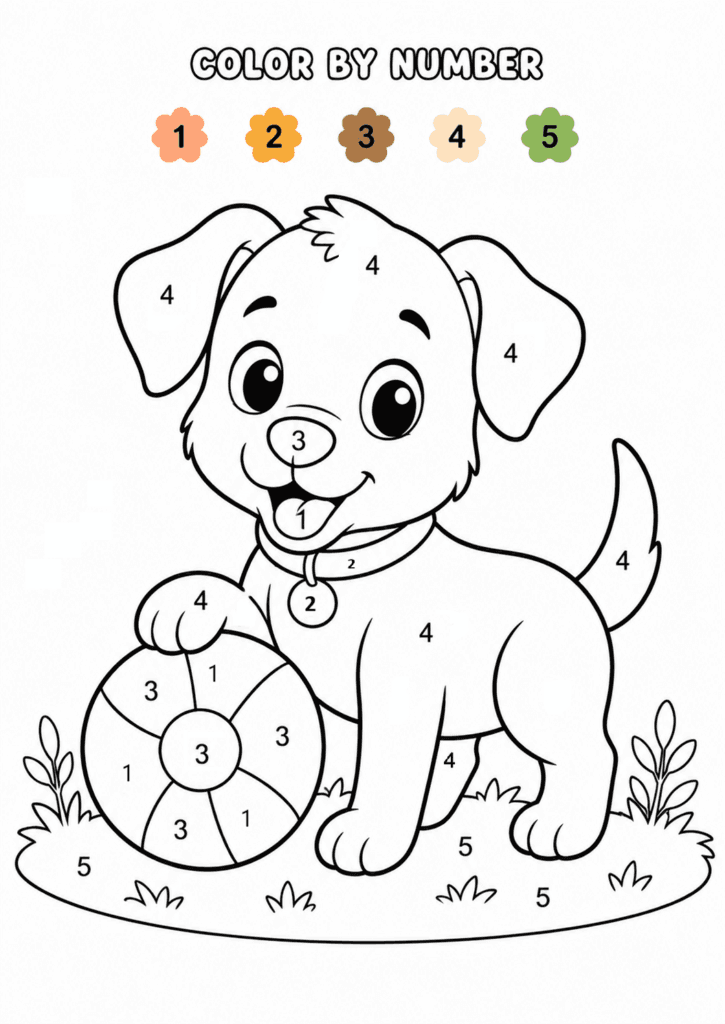 Cute puppy with ball color by number worksheet for toddlers and preschool kids