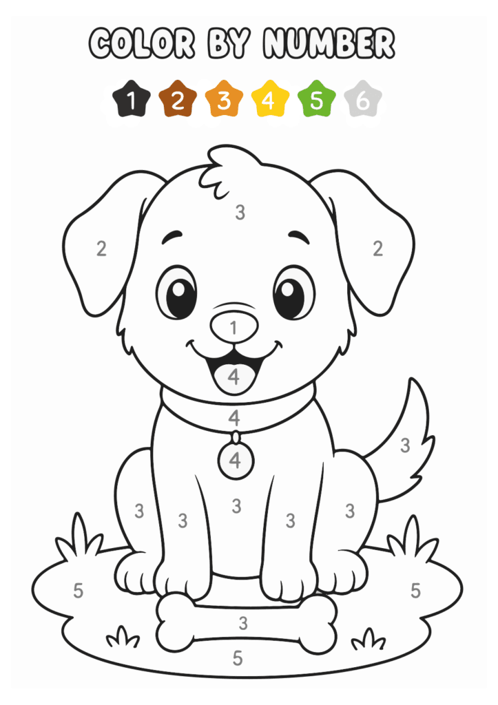 Puppy with bone color by number worksheet for kids