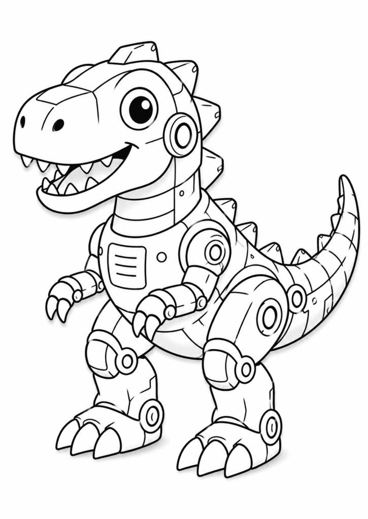Robot dinosaur coloring page with cute robotic T rex for kids