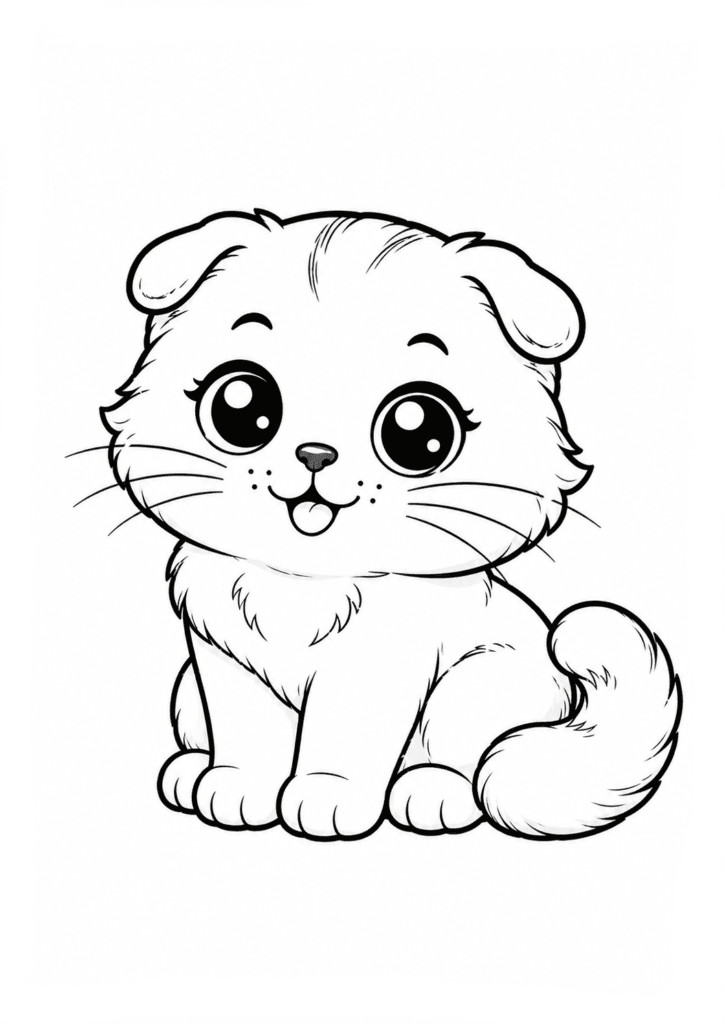 Cute Scottish Fold cat coloring page for kids with kawaii kitten