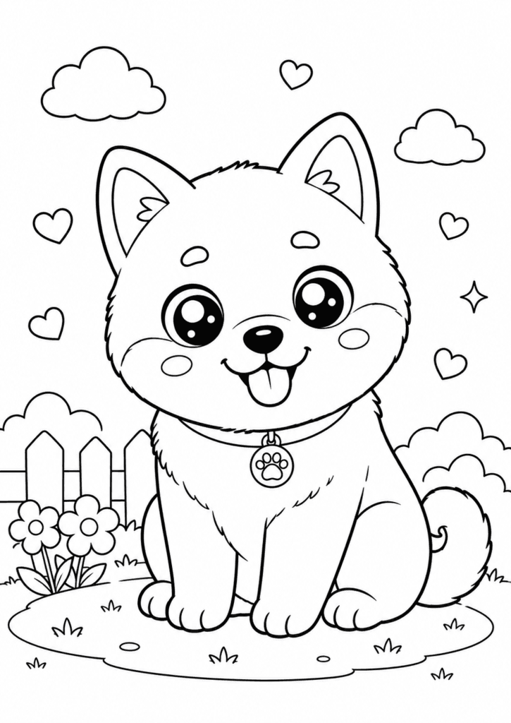 Cute Shiba Inu coloring page for kids with kawaii puppy