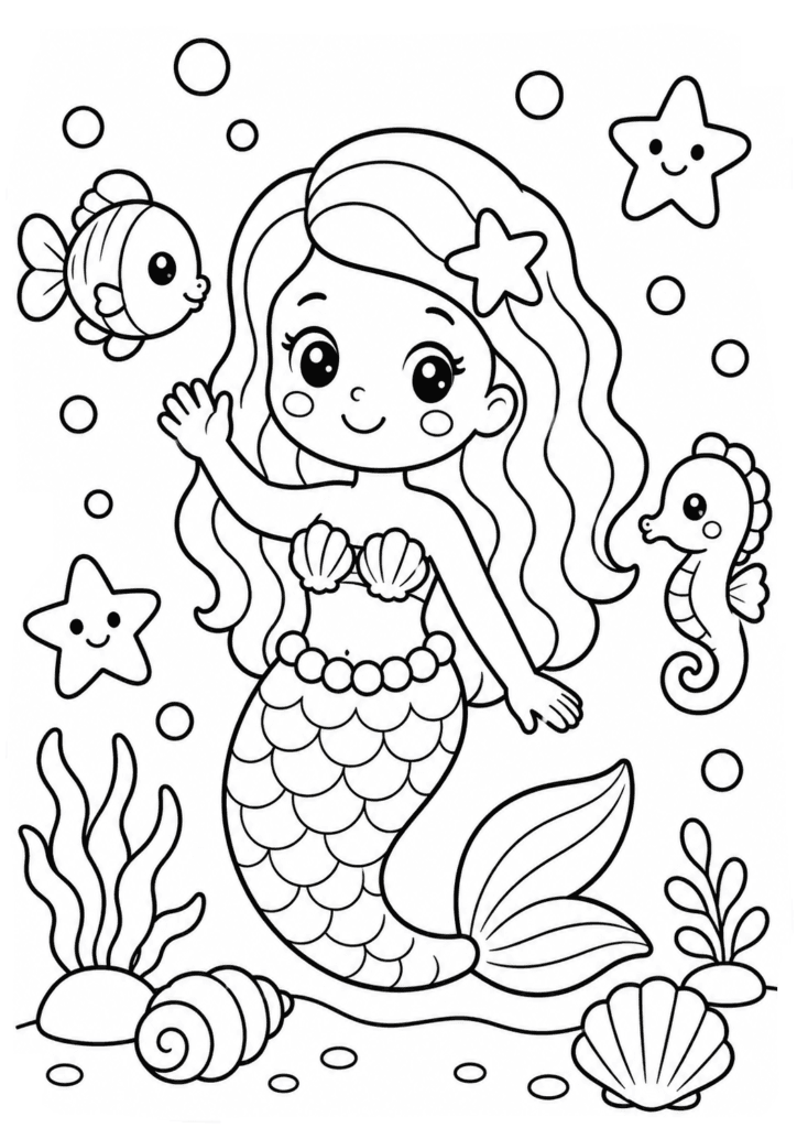Simple mermaid coloring page for toddlers with thick bold outlines and cute ocean animals