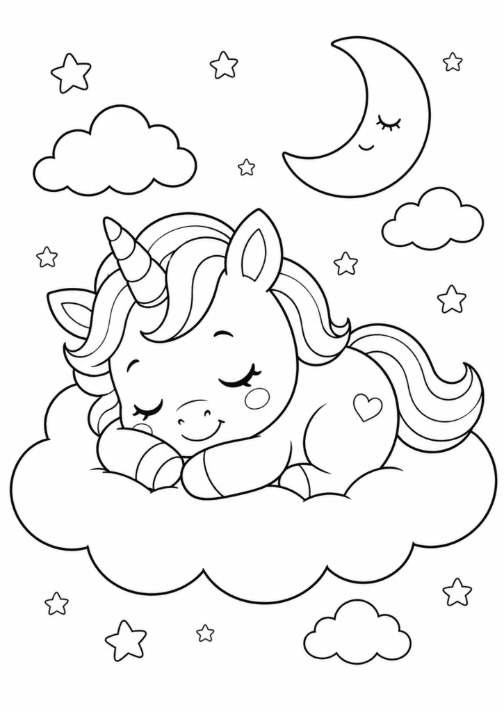 sleeping baby unicorn on cloud coloring page for toddlers