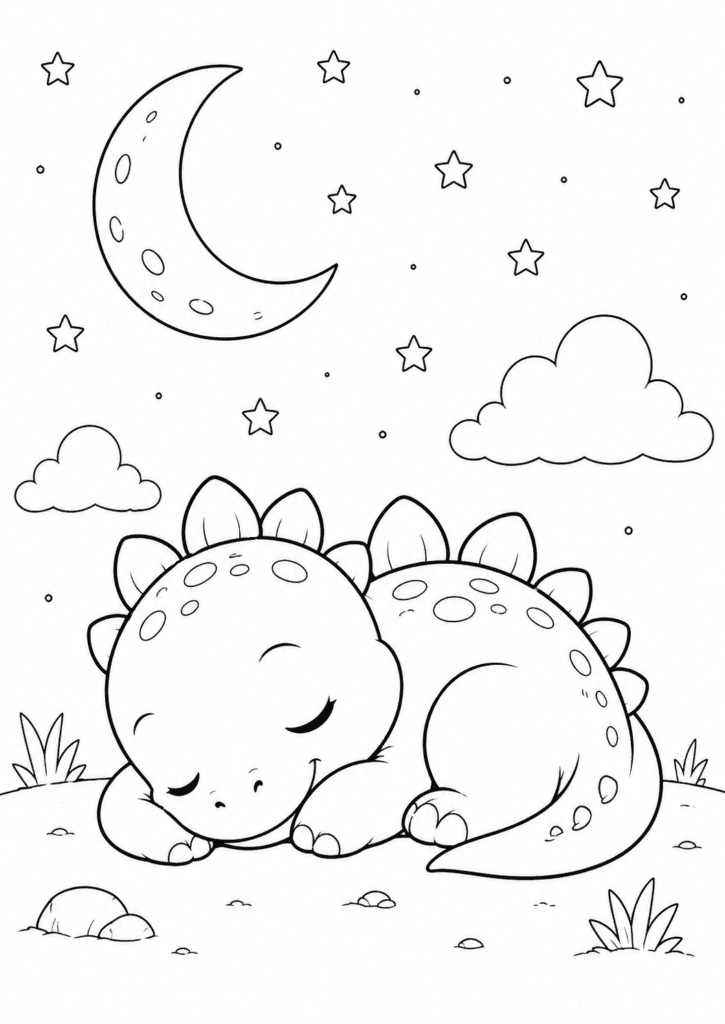 Cute sleeping dinosaur under the stars coloring page for kids