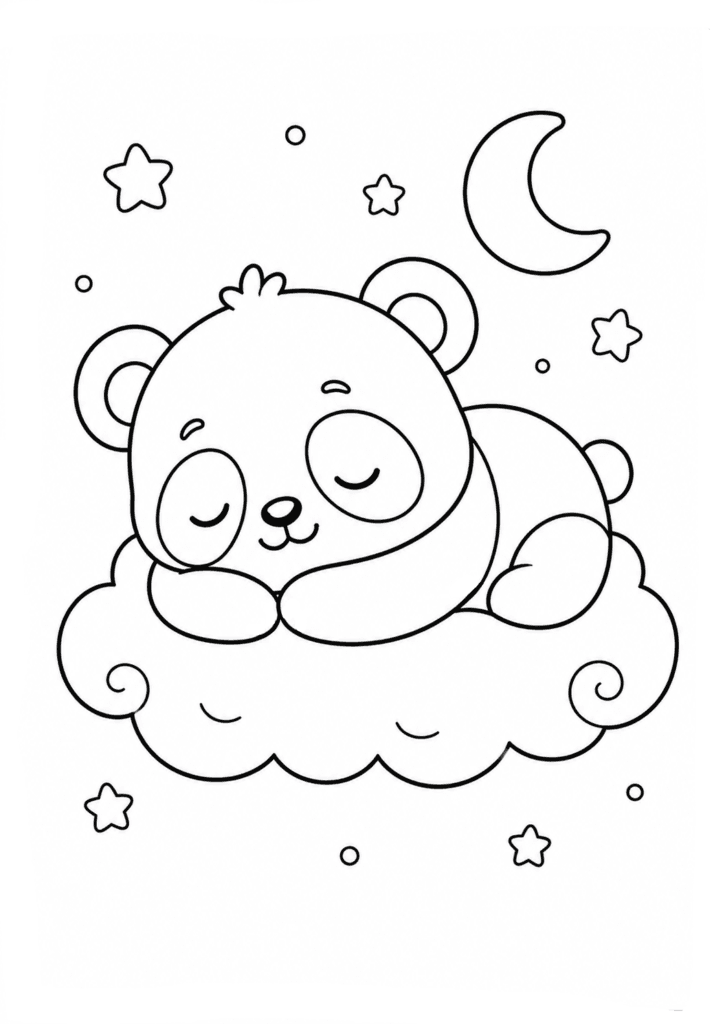 Cute sleeping panda on a cloud coloring page for kids printable