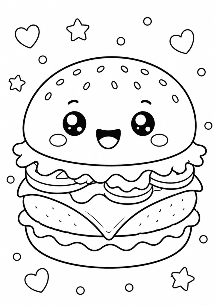 Smiling burger coloring page for kids with cute kawaii hamburger