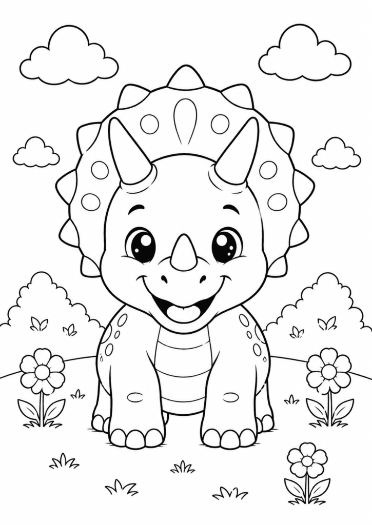 Smiling triceratops in flower field coloring page for kids