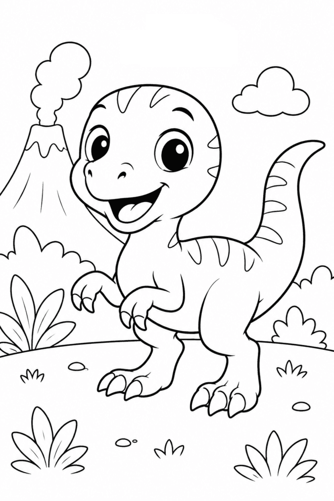 smiling velociraptor coloring page for preschoolers