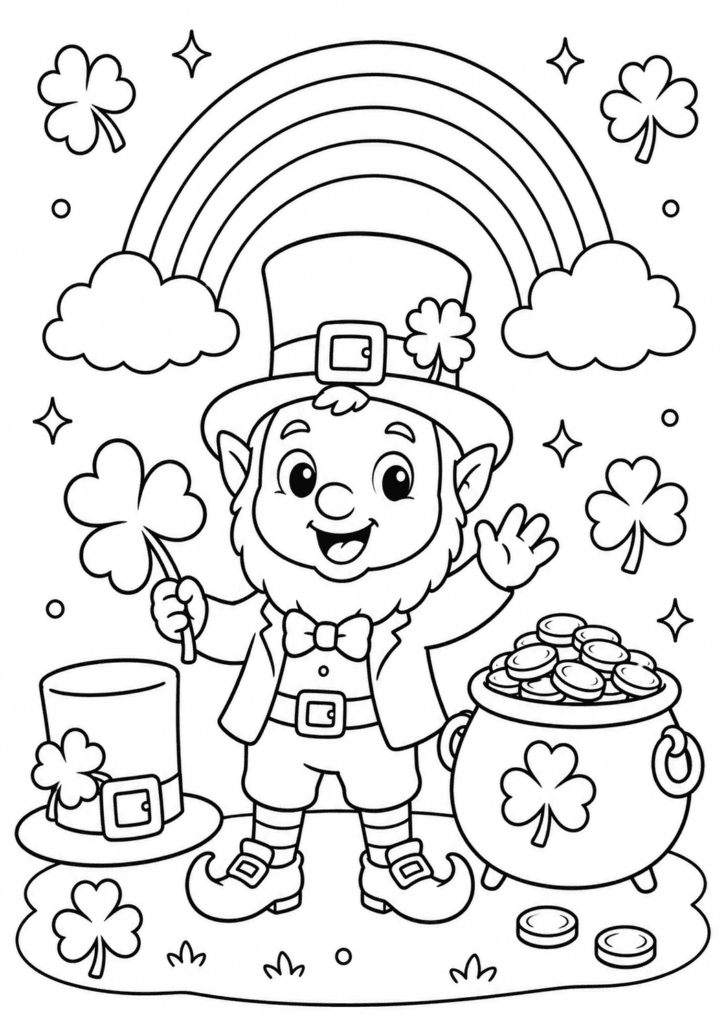 St Patrick’s Day coloring page with leprechaun rainbow shamrocks and pot of gold