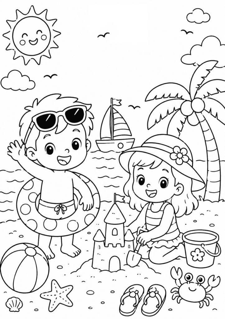Summer holiday coloring page for kids with beach sandcastle and palm tree