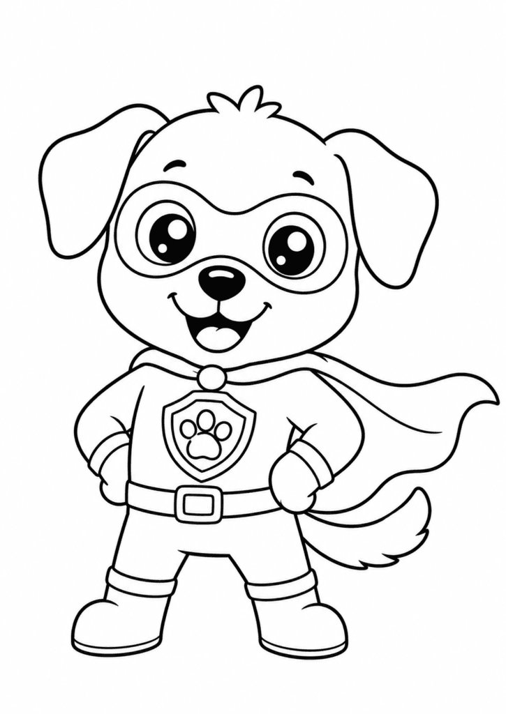 Superhero dog coloring page with cute puppy hero for kids