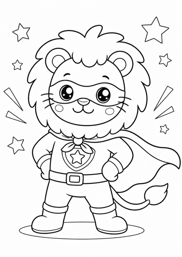 Superhero lion coloring page with cute kawaii lion hero