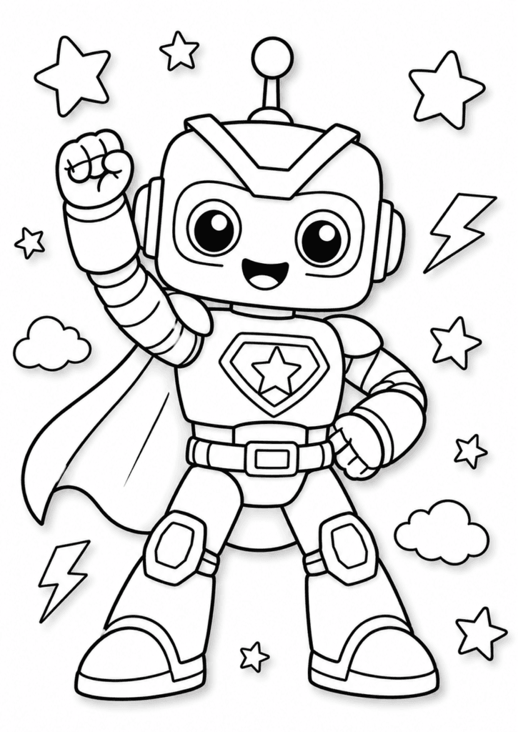Superhero robot coloring page for kids with cute robot hero