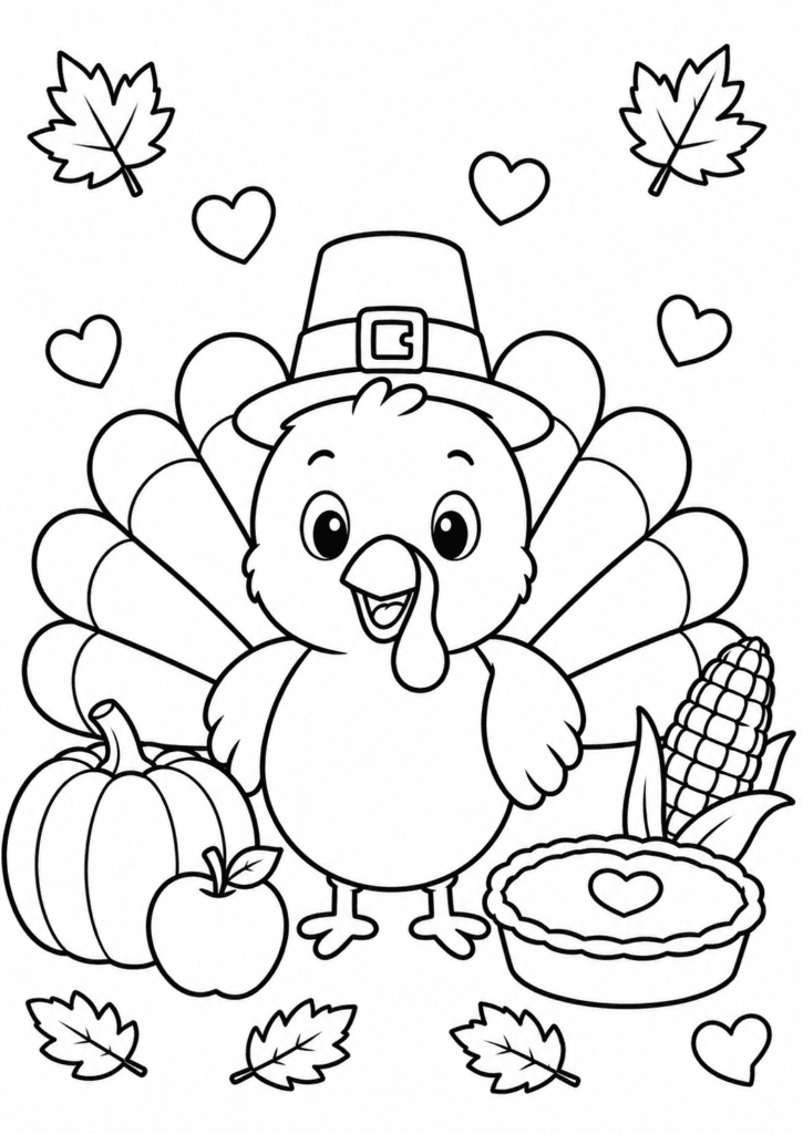 Thanksgiving coloring page for kids with turkey pumpkin pie and corn