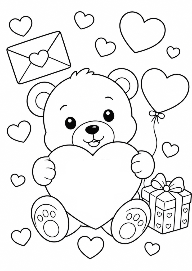Valentine’s Day coloring page for toddlers with teddy bear heart and gift