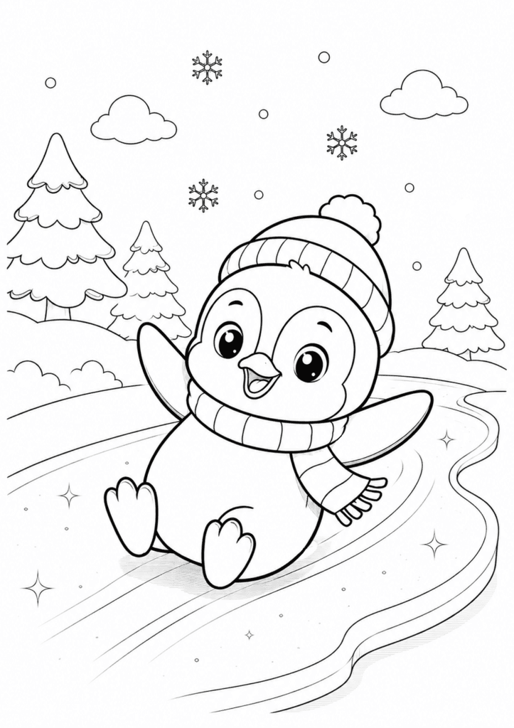 Winter penguin sliding on ice coloring page for kids