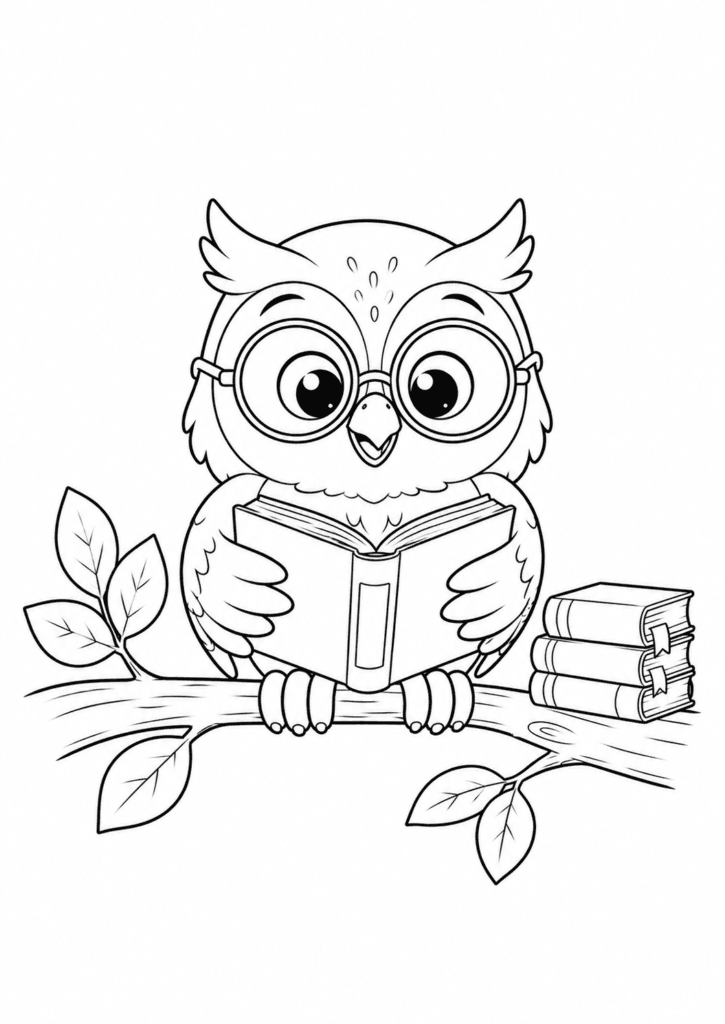 Wise owl reading a book coloring page for kids