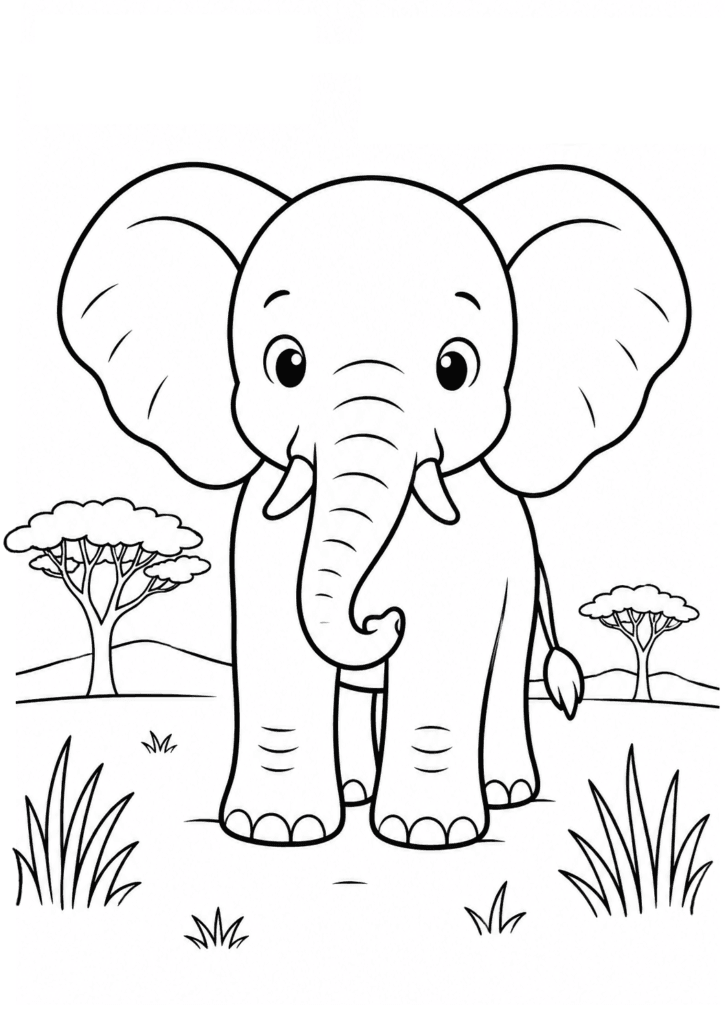 African elephant coloring page for kids with simple safari background