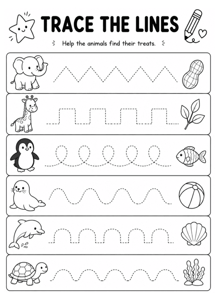 Animal trace the lines worksheet for preschoolers with fun tracing paths