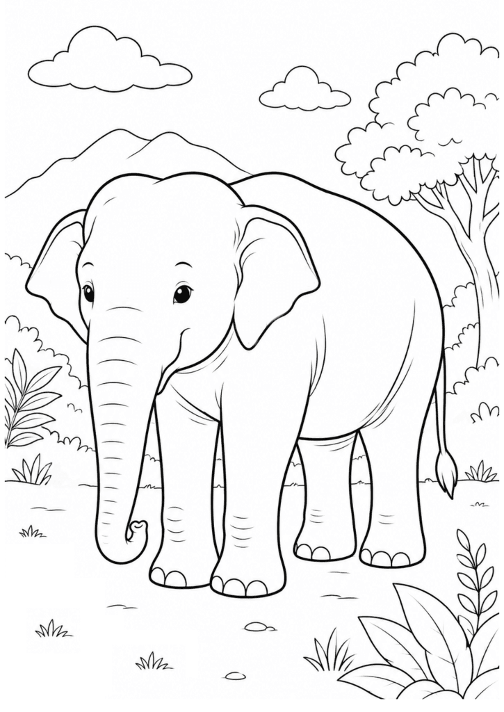 Asian elephant coloring page for kids with simple nature background