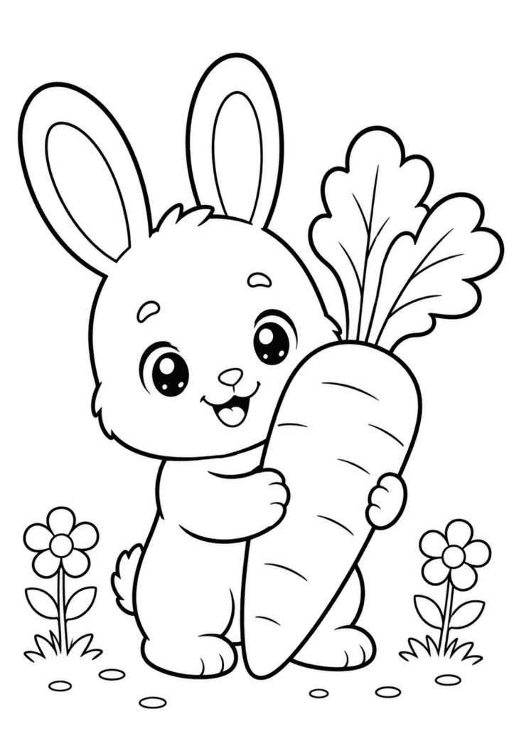 Cute baby bunny holding a giant carrot coloring page for kids