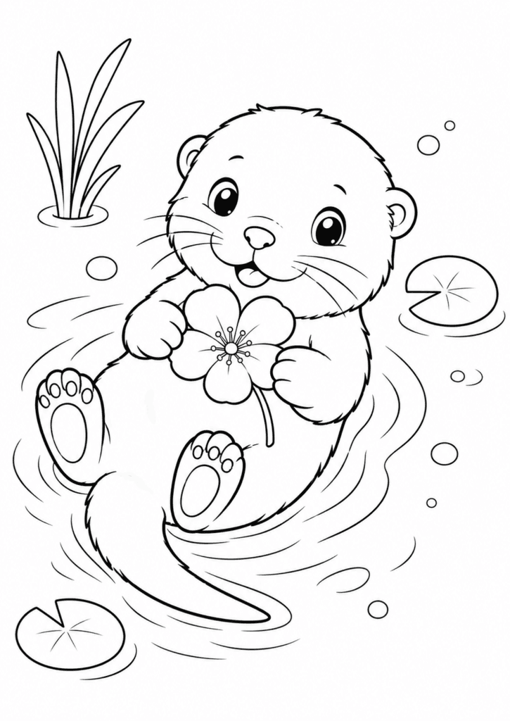 Cute baby otter floating with a flower coloring page for kids