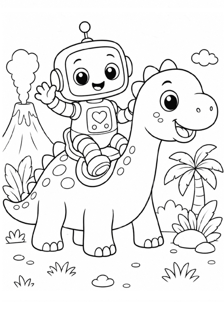Cute baby robot riding a dinosaur coloring page for kids