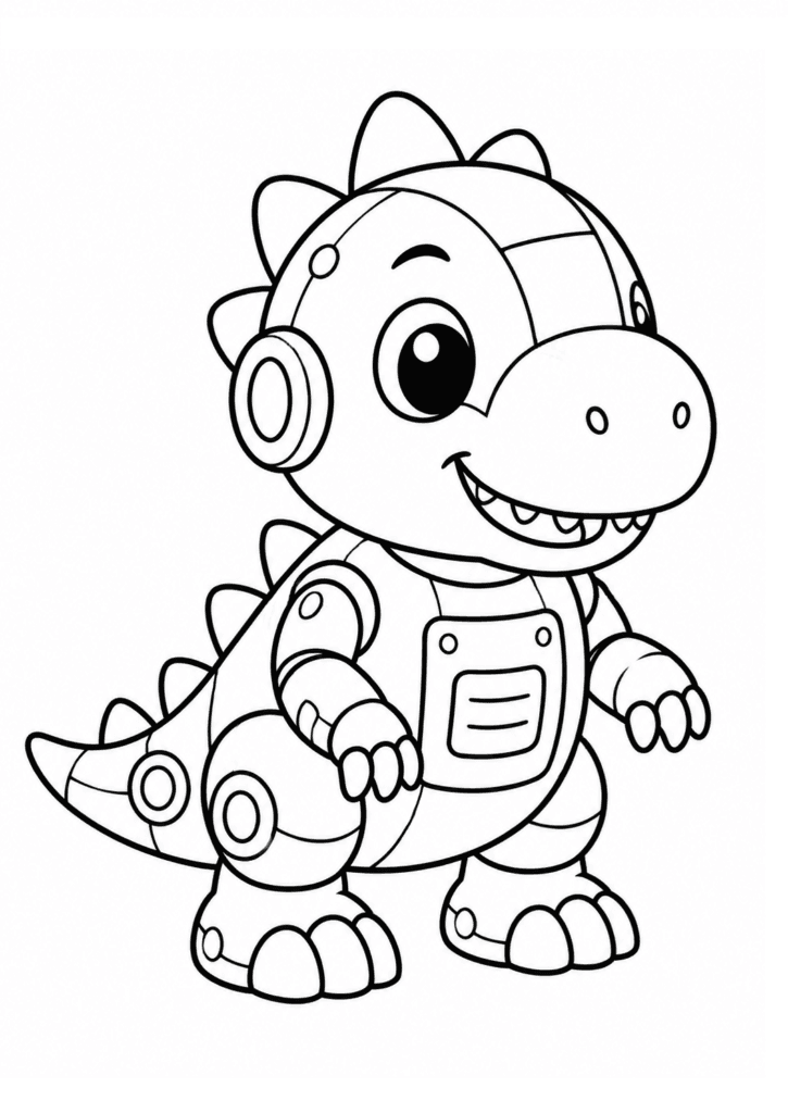 Cute baby robotic dinosaur coloring page for kids