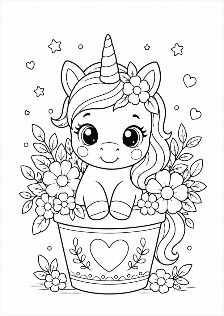 Baby unicorn in a flower pot coloring page with flowers and cute kawaii design