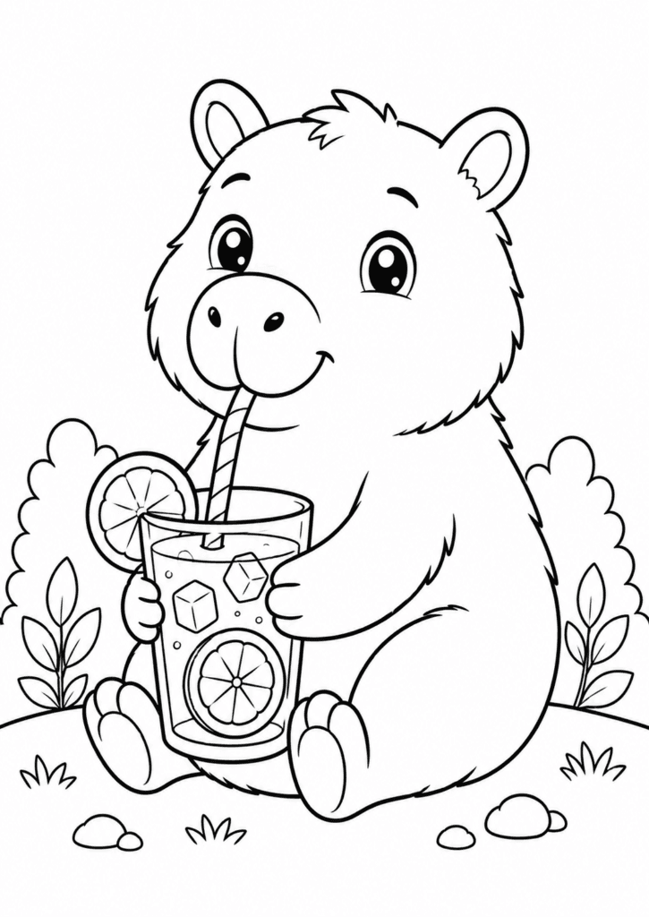 Cute capybara drinking lemonade coloring page for kids