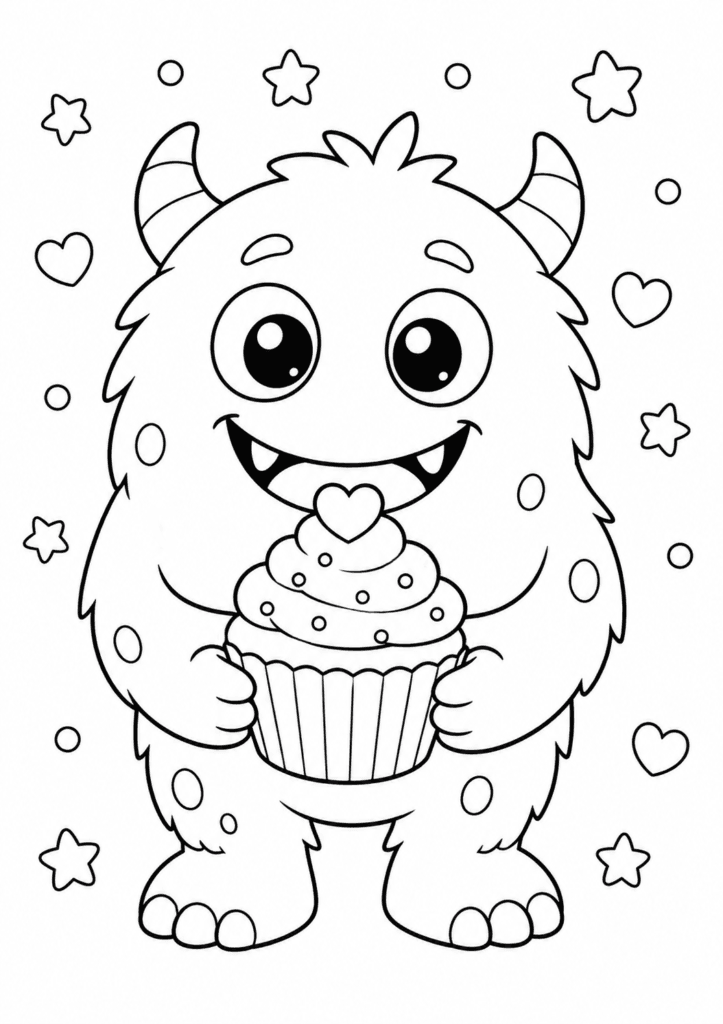 Cute monster with a cupcake coloring page for kids